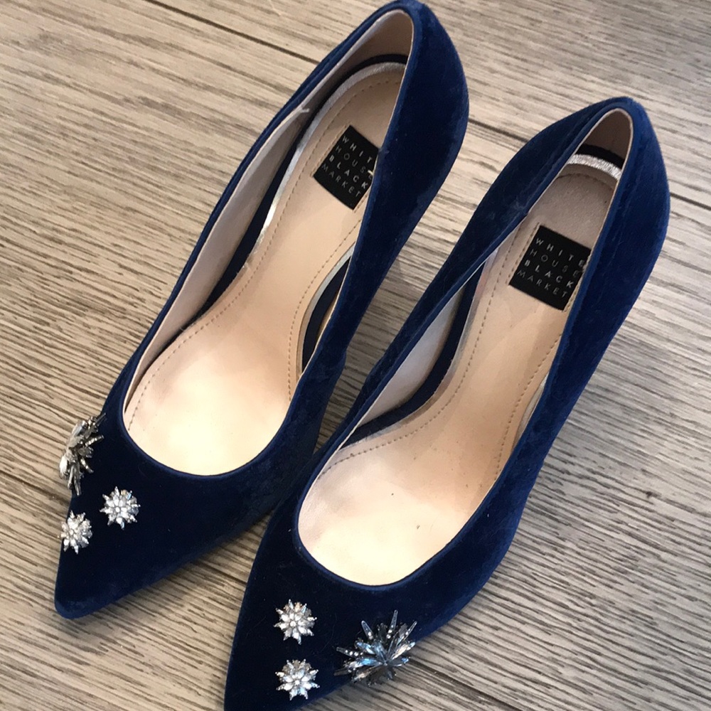 Navy Blue Velvet heels with rhinestone accents